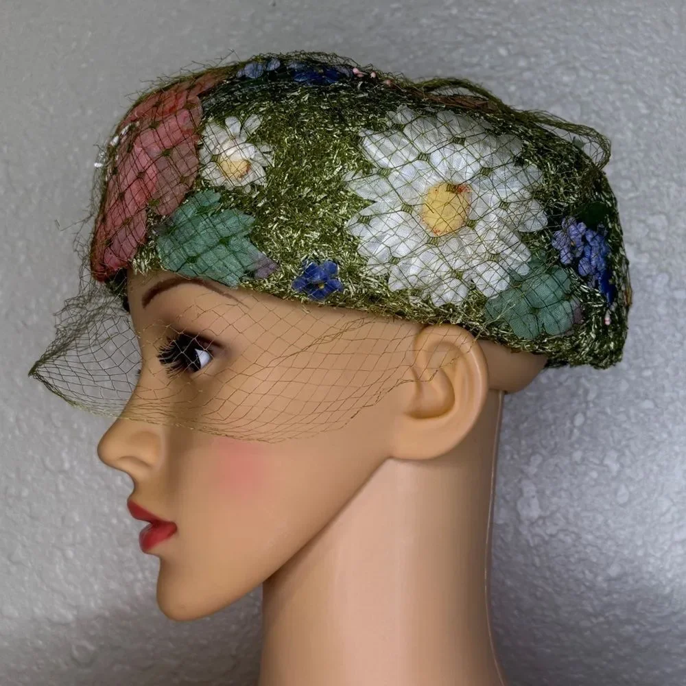 Vintage Rare Hutzler’s Pillbox Floral Tulle Net Fascinator Hat Green White Pink - Picture 3 of 15